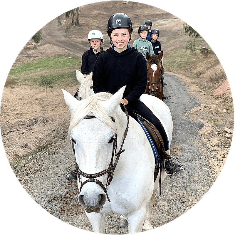 birthdays-circle a group of smiling children ride horses down a beautiful country lane